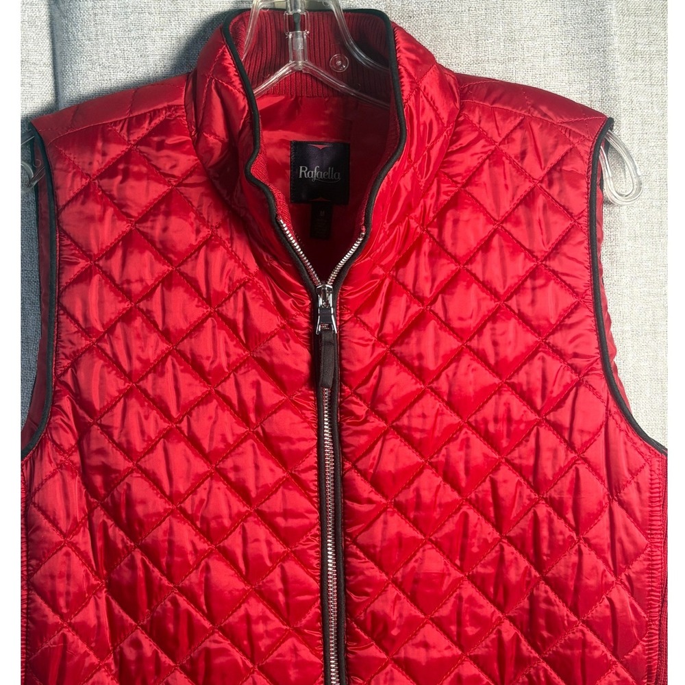 Rafaella Womens Red Quilted Full Zip Vest Mock Neck Ribbed Sides Size Medium